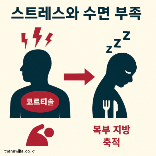 스트레스와 수면 부족이 복부 지방 축적에 영향을 주는 과정을 보여주는 인포그래픽. 코르티솔 호르몬, 수면 부족, 폭식 유도를 시각적으로 표현.