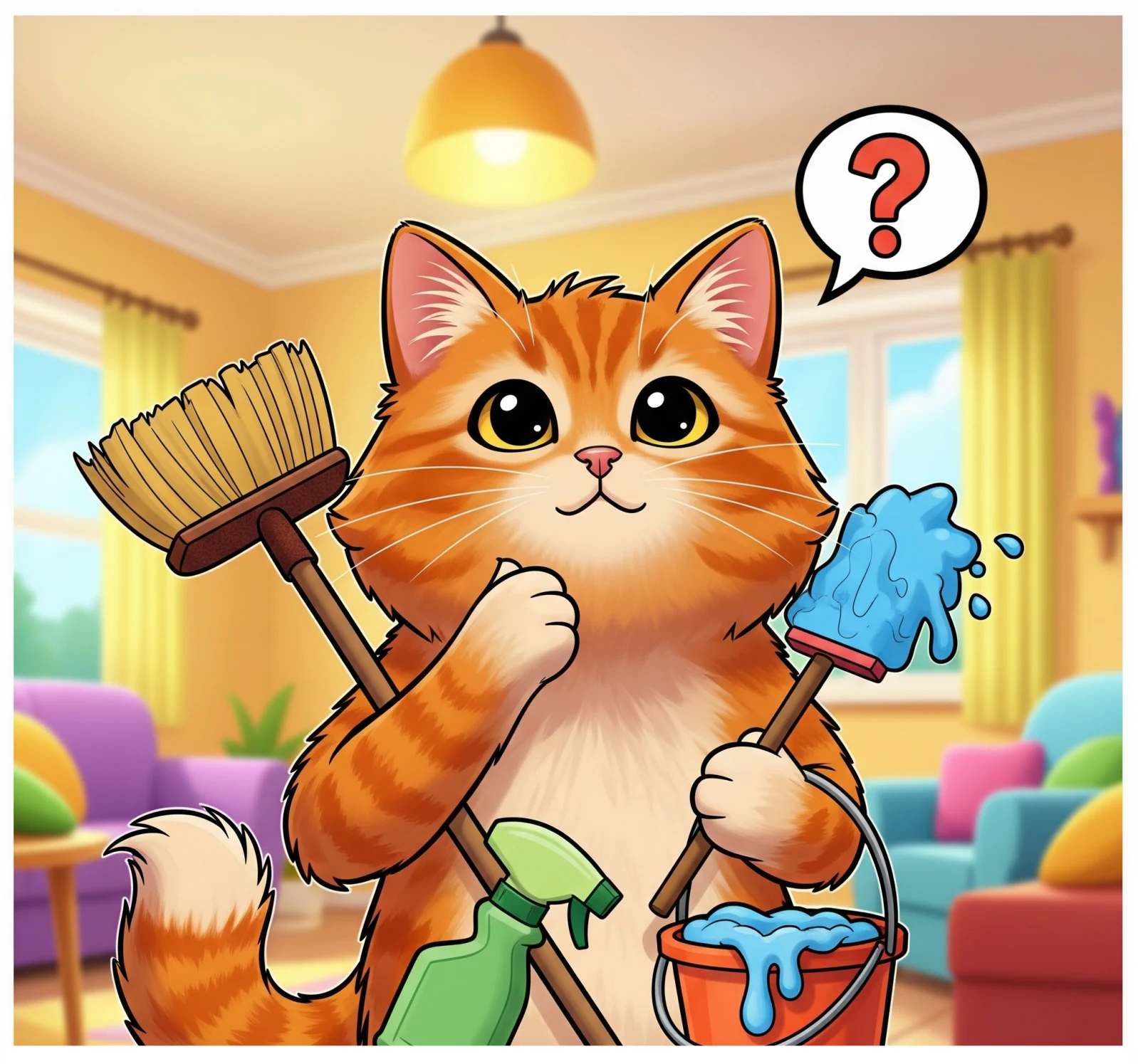청소 도구를 들고 어리둥절해 하는 고양이 그림, Illustration of a confused cat holding a cleaning tool