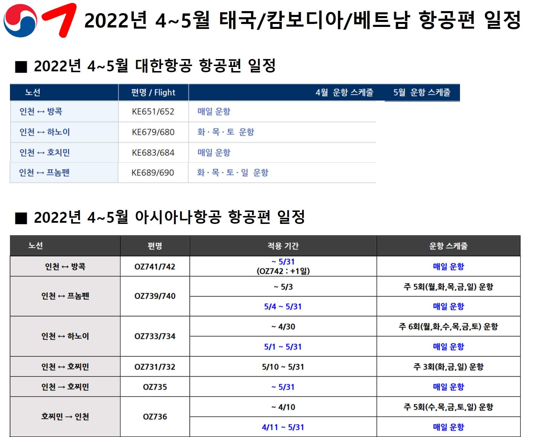 2022년 4월에서 5월까지 대한항공과 아시아나항공이 태국 캄보디아 베트남에 취항하는 항공편 일정을 기록한 표