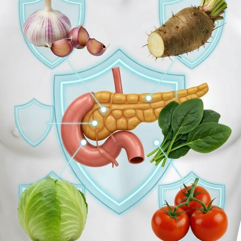 인체의 췌장을 중심으로 마늘, 우엉, 양배추, 시금치, 토마토가 방패 아이콘과 함께 배치되어 췌장암 예방 및 보호 효과를 시각화한 의학적 인포그래픽 이미지