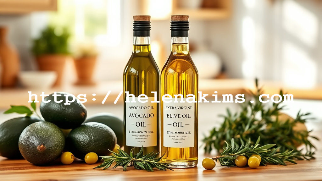 왼쪽에는 아보카도와 아보카도 오일, 오른쪽에는 올리브 나무와 올리브 오일이 놓인 모습.