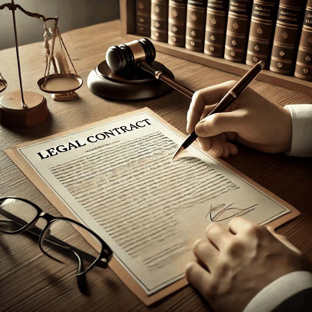 법률 계약서를 꼼꼼히 검토하는 사람이 주요 조항을 강조하는 장