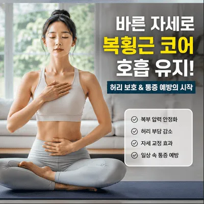 바른 자세로 앉아 복횡근 코어 호흡법을 유지하며 허리 보호를 실천하는 모습