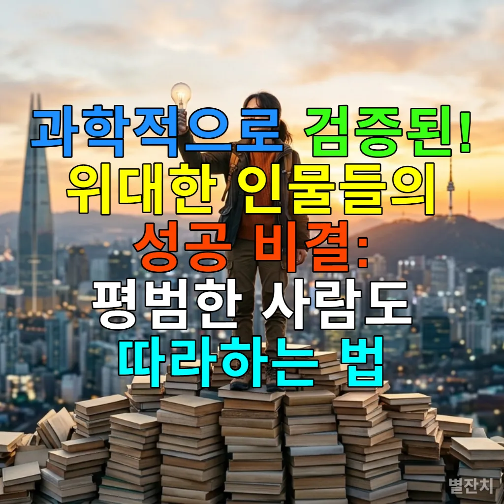 책과 지식의 산 정상에 서서 빛나는 전구를 들고 있는 한국인 청년이 서울 시내를 바라보는 모습