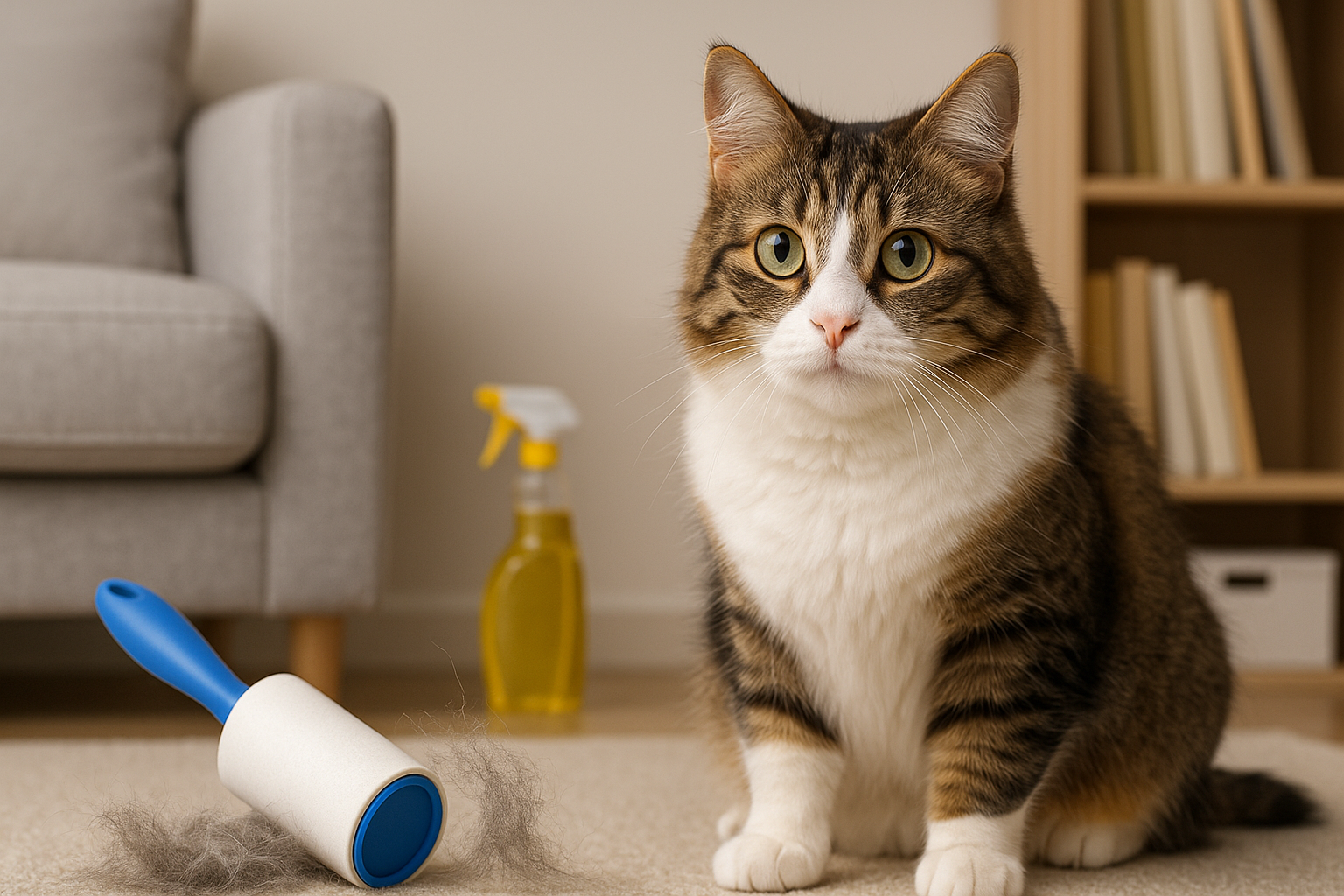 반려동물 고양이와 빠진 털을 청소하는 도구를 표현한 그림