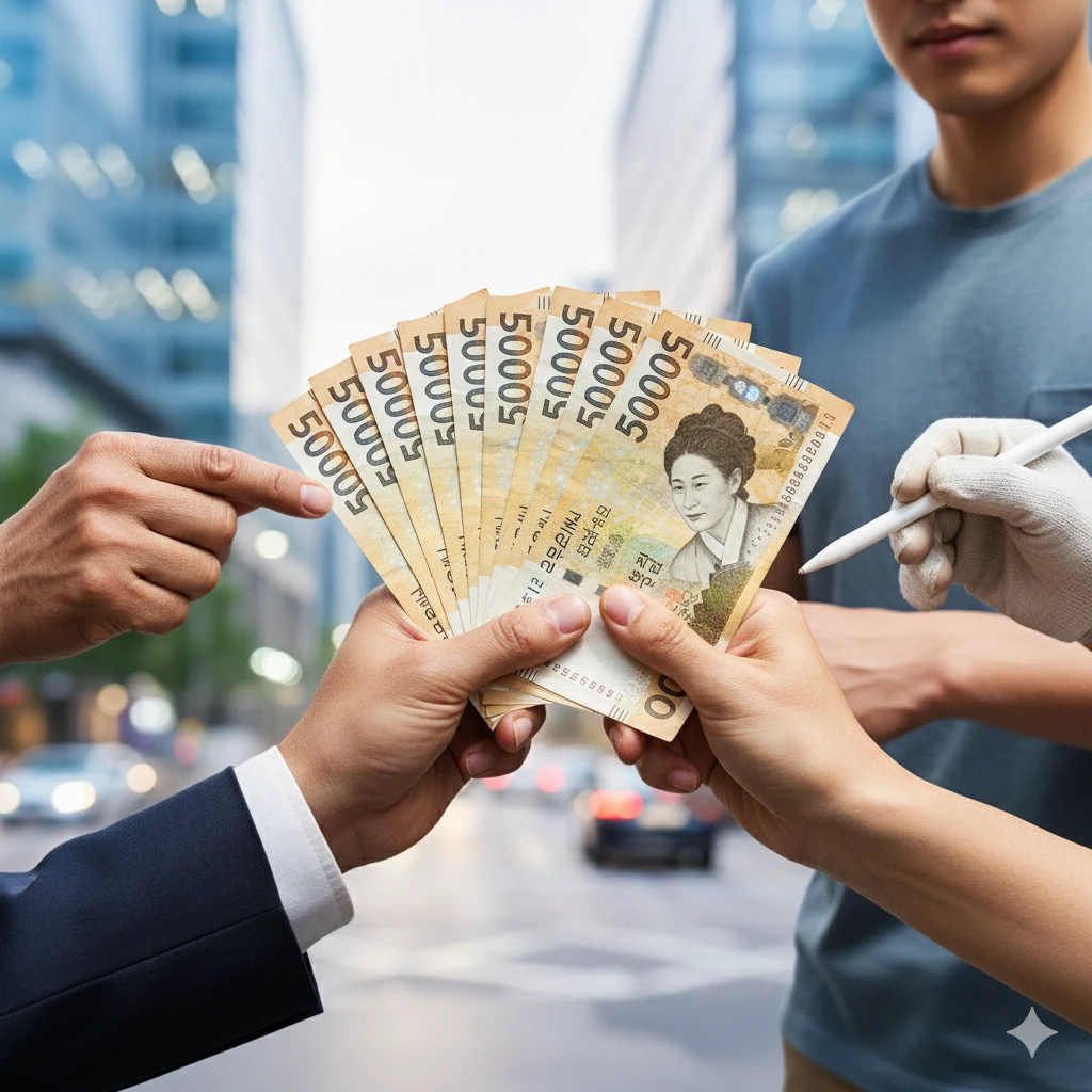 2026년 최저임금 확정 발표를 상징하는 다양한 손들이 한국 원화 지폐를 잡고 있는 모습