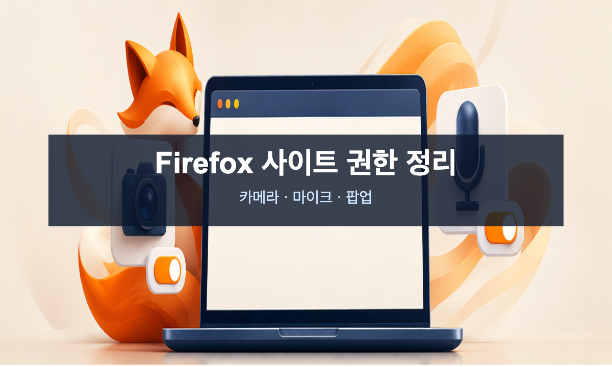 Firefox 사이트별 카메라&middot;마이크&middot;팝업 권한 관리를 표현한 노트북과 장치 아이콘 삽화
