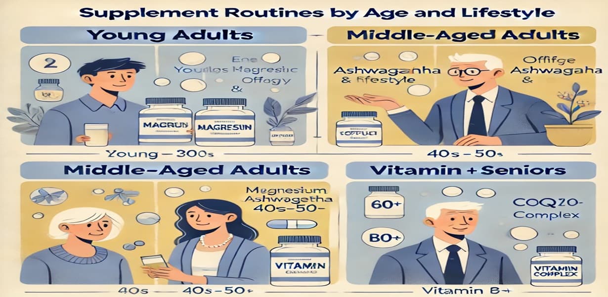 연령별 보충제 루틴 인포그래픽 (20~30대, 40~50대, 60대 이상을 위한 맞춤 보충제 제안)