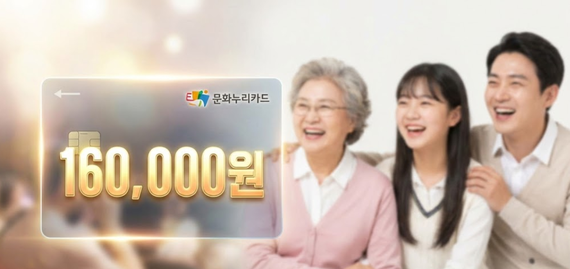 '160,000원'이라는 숫자가 강조된 디지털 카드 이미지와 밝은 미소의 가족