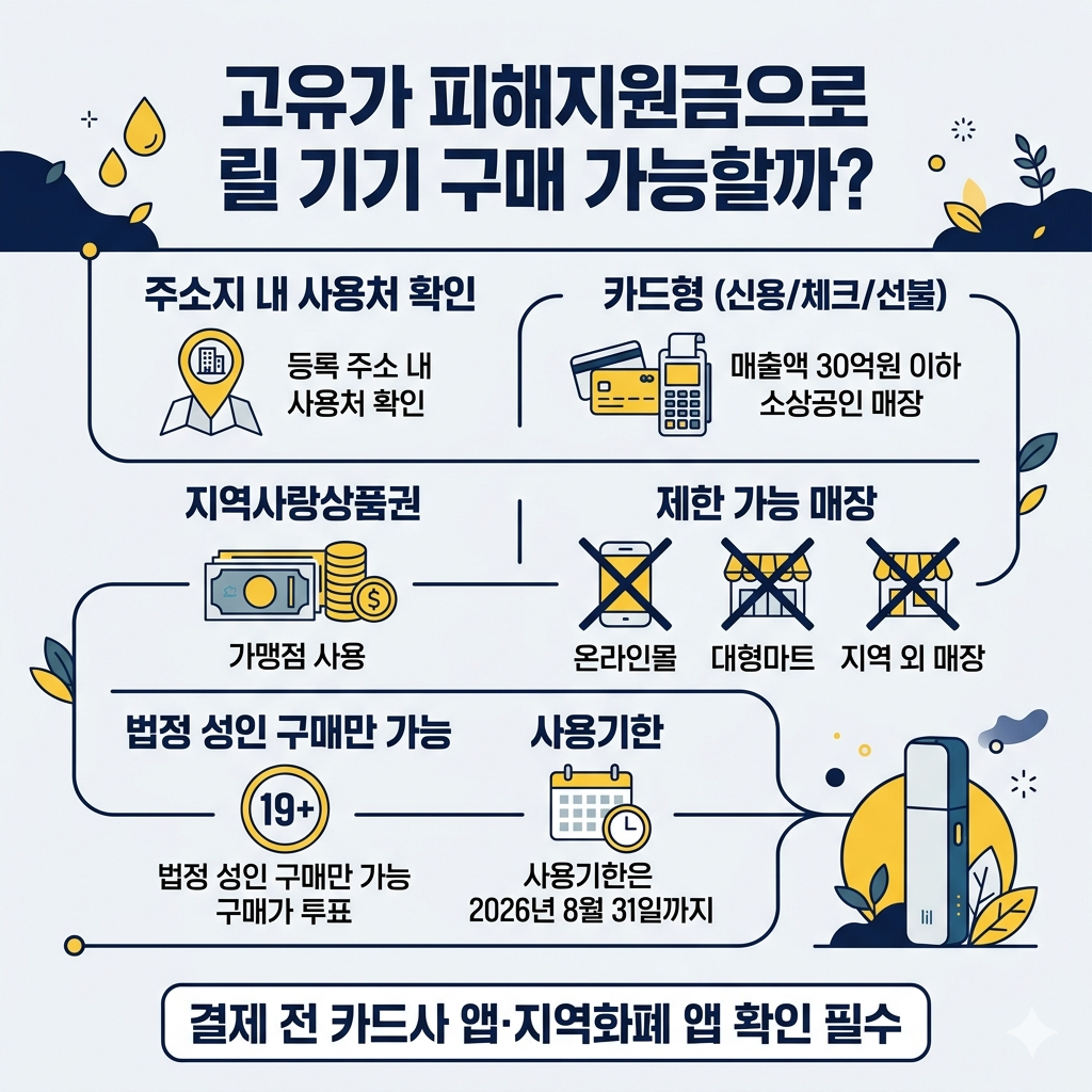 고유가 피해지원금으로 릴 기기 구매 가능할까 사용처&middot;편의점 결제&middot;불가 조건 인포그래픽