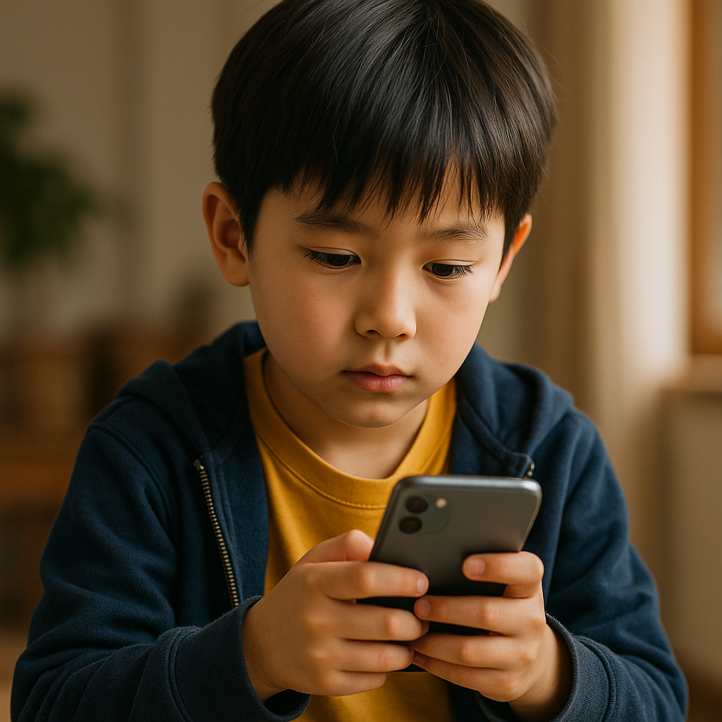 스마트폰을 보고 있는 초등 저학년 남자 어린이