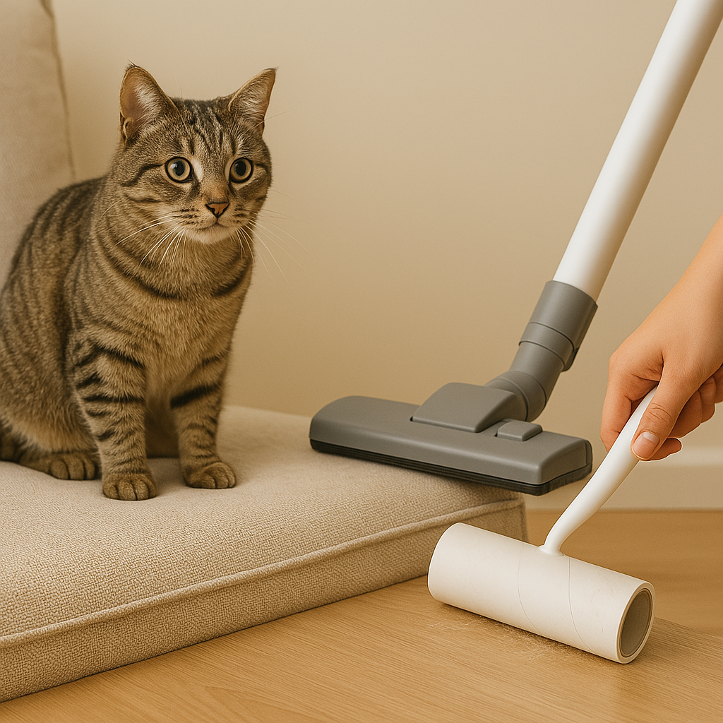 소파 위 고양이와 반려동물 털 제거를 위한 청소기, 롤클리너 활용 모습