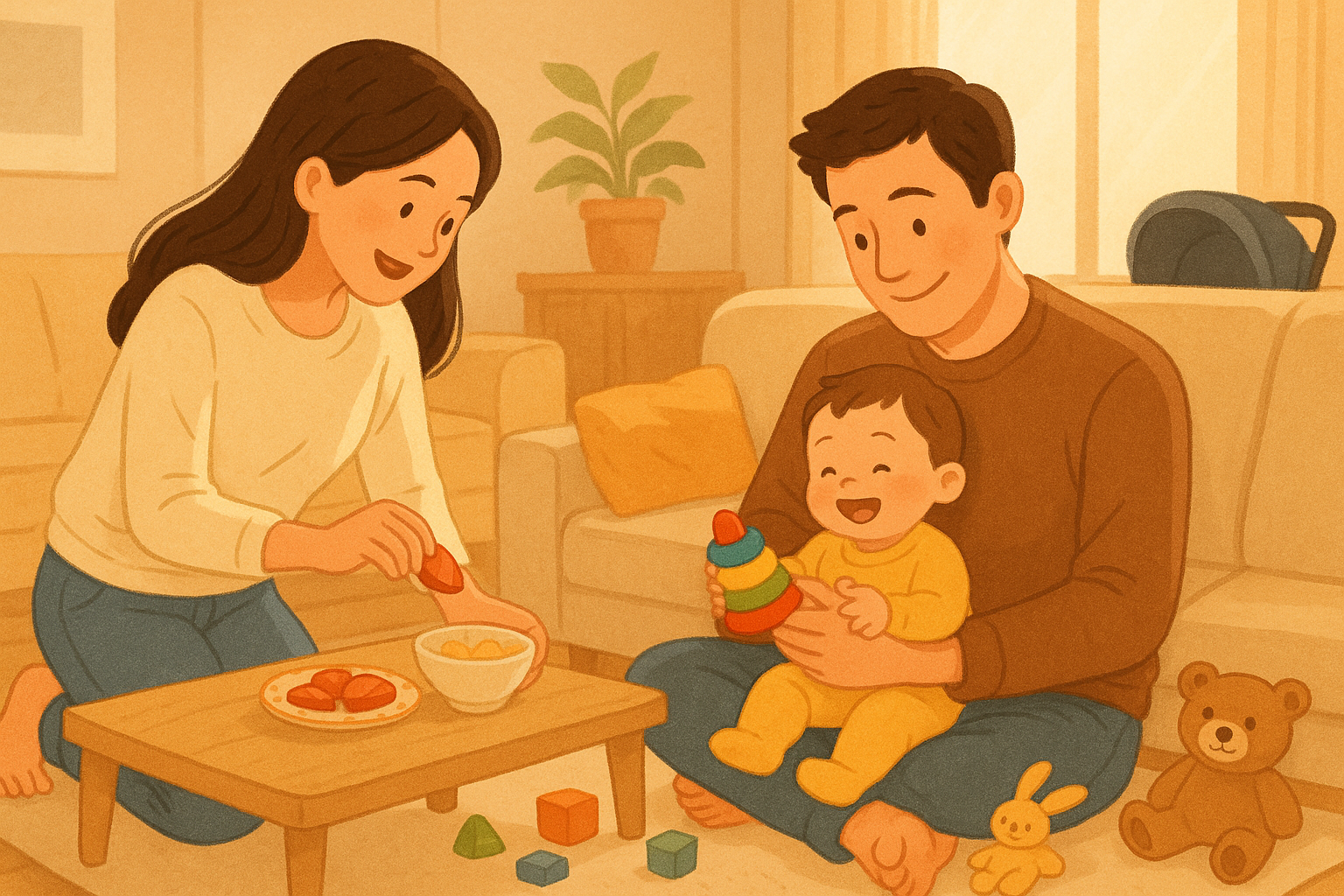 부모가 아이와 함께 간식을 먹으며 미소짓는 사진