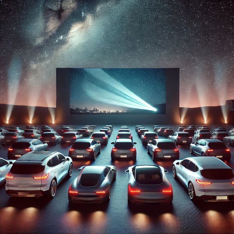 A realistic drive-in movie theater at night with a large screen showing a film, 자동차극장