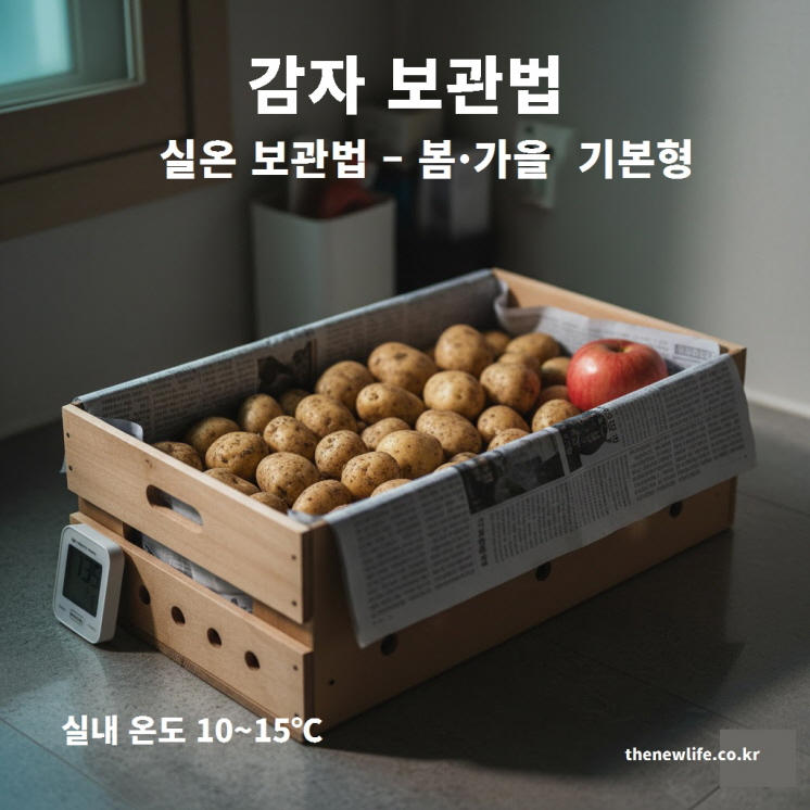 봄가을 감자 보관법, 실온에서 감자를 신문지에 싸고 통풍되는 상자에 넣어 보관하는 모습