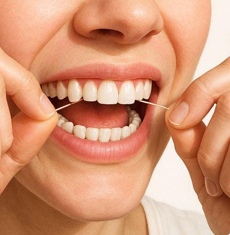 구취관리를 위해 치실로 치아관리를 하는 모습