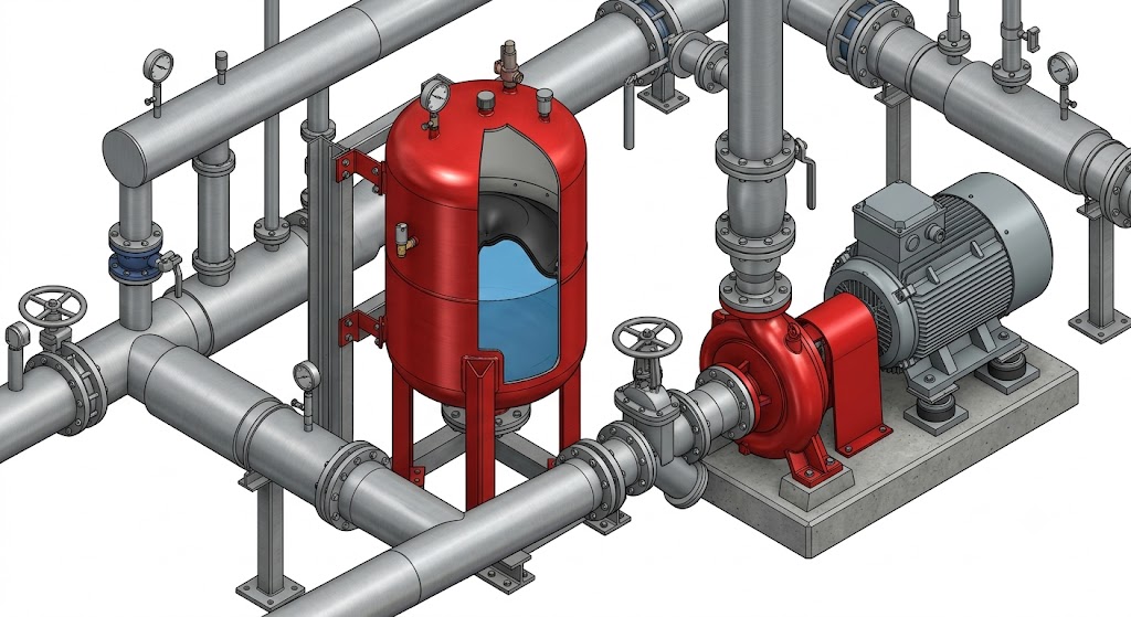 대형 공조 플랜트 기계실 밀폐형 다이아프램 팽창탱크(Diaphragm Expansion Tank) 3D 계통도