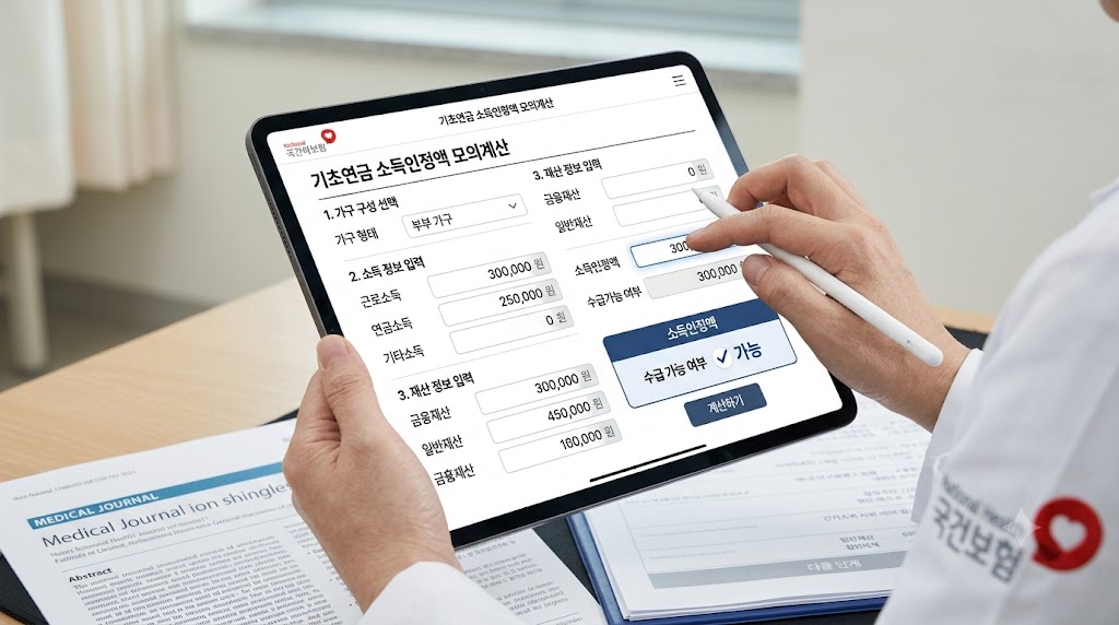 의사가 태블릿을 들고 '기초연금 소득인정액 모의계산' 화면을 펜으로 조작하고 있다. 화면에는 가구 구성 선택, 소득 정보 입력, 재산 정보 입력 등이 표시되어 있다. 테이블 위에는 '의학 저널 대상포진'과 '국민보험' 로고가 있는 문서들이 놓여 있다