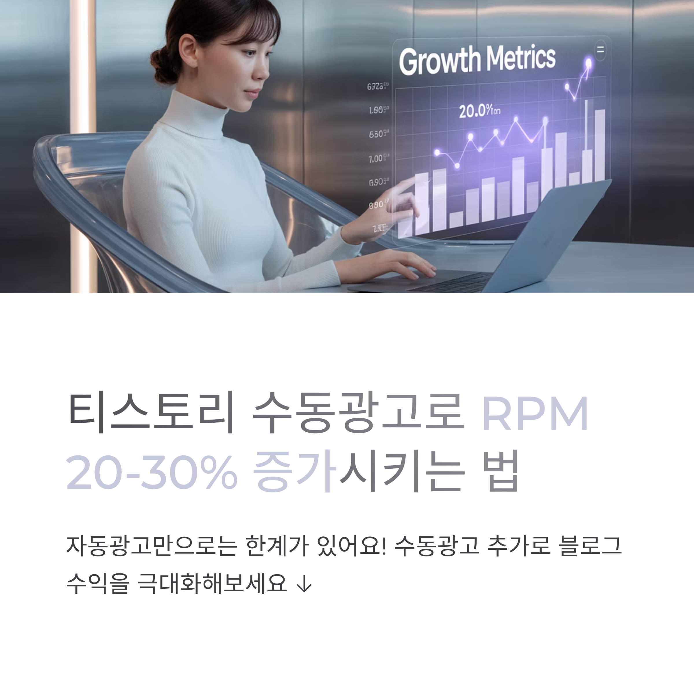 노트북 앞에서 가상 대시보드를 조작하는 여성과 ‘Growth Metrics’ 그래픽, 티스토리 수동광고로 RPM 20~30% 증가 메시지