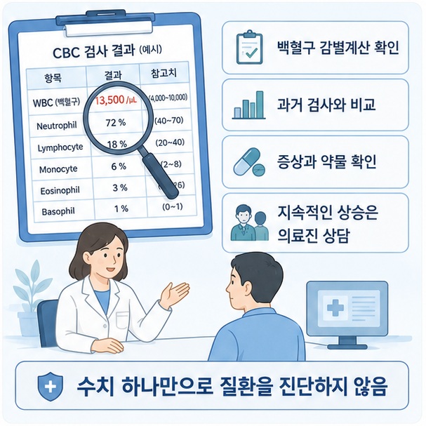 백혈구 수치가 높게 나오면 감별계산과 과거 검사, 현재 증상과 복용약을 함께 확인하고 지속적인 이상이 있다면 의료진의 평가를 받아야 함을 보여 주는 그림