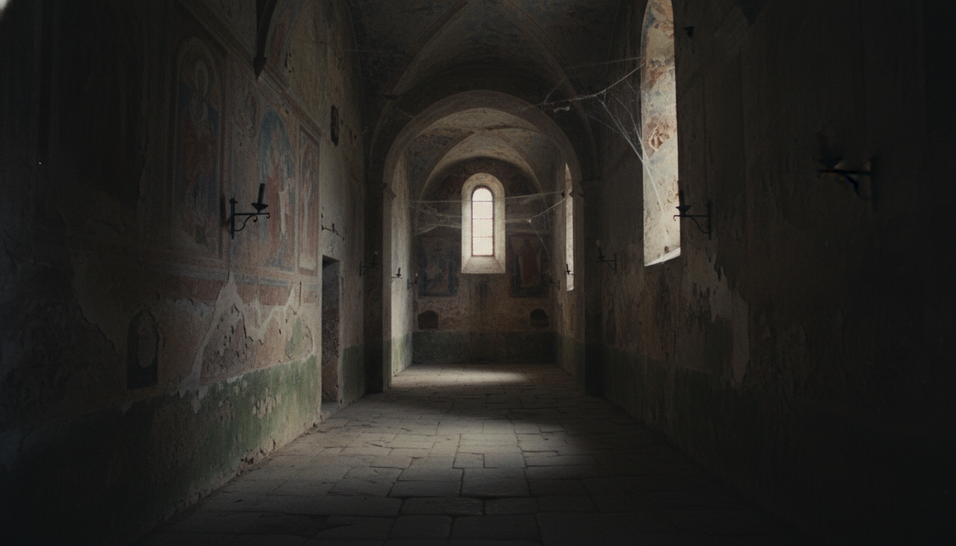오래된 교회의 어둡고 좁은 복도, 먼 창문에서 스며드는 빛이 길고 섬뜩한 그림자를 드리워 비밀스럽고 답답한 분위기를 연출하는 장면.