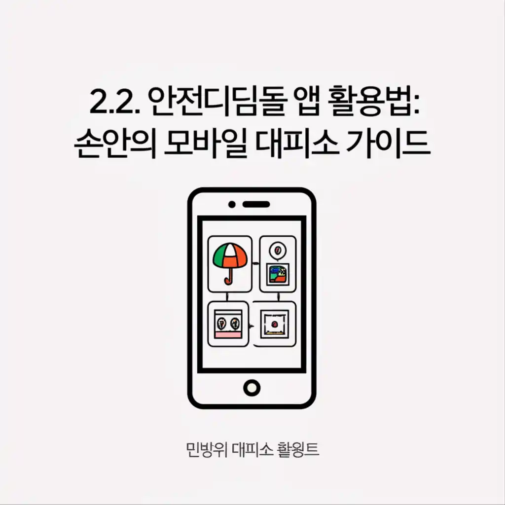 안전디딤돌 앱의 민방위 대피소 정보 화면. 모바일 대피소 가이드 활용법 설명.