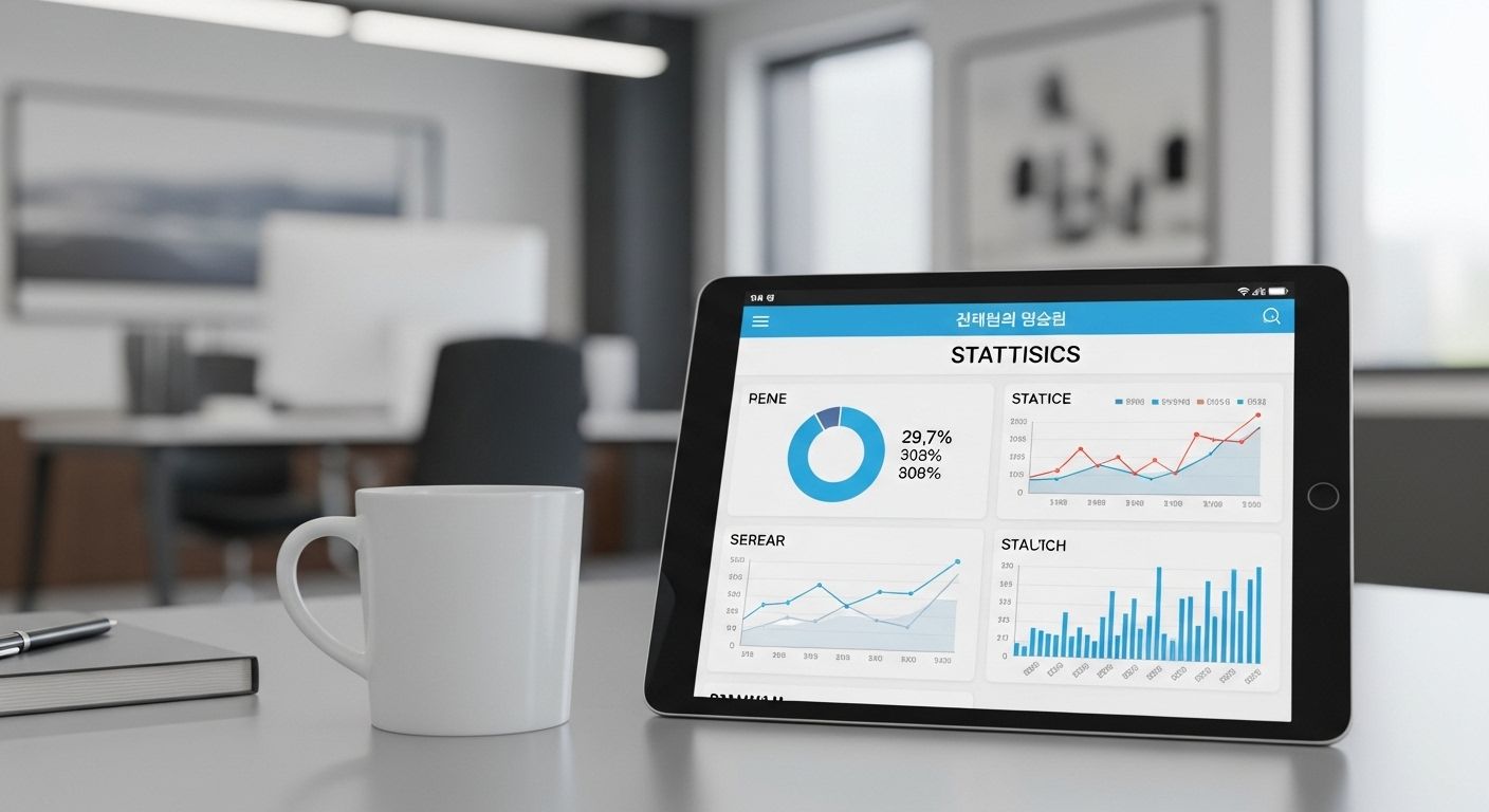 실내 책상 위에 부동산 통계자료와 커피잔이 있는 구성