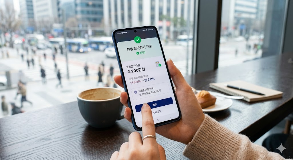 대출 갈아타기 완료 화면을 보고있는 휴대폰