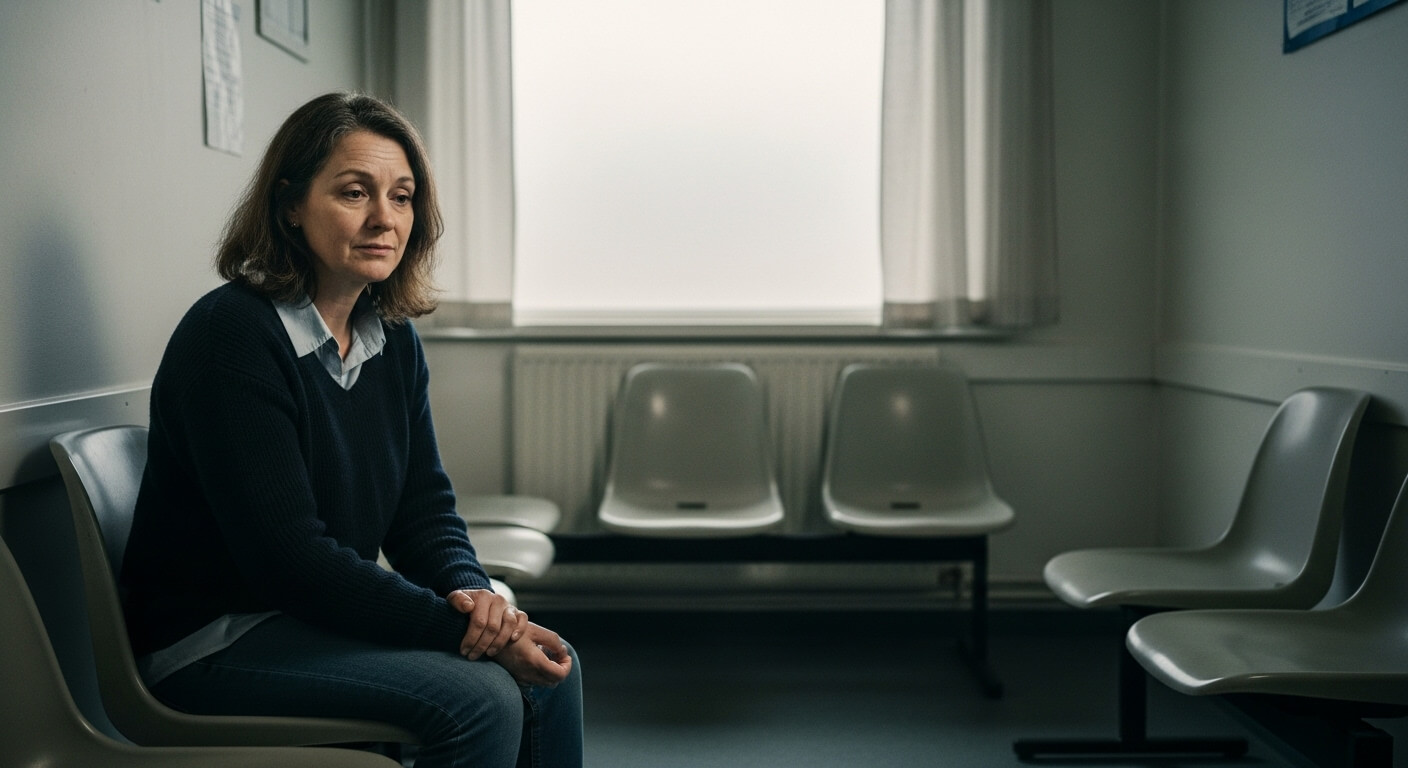 운전면허시험장 대기실 의자에 앉아 있는 여성