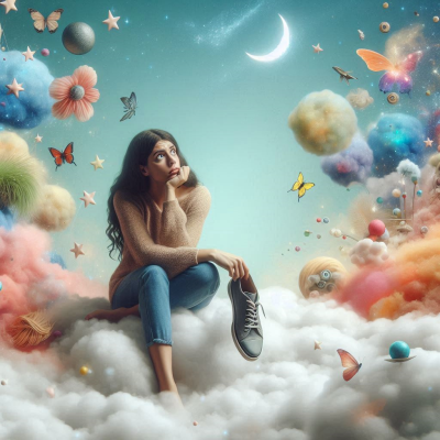 구름 위에 앉아있는 여성, 손에 신발을 들고 꿈에 대해 깊이 생각하는 모습과 다양한 색의 구름이 주변을 장식합니다.