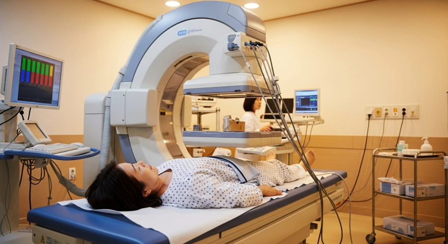 병원에서 골밀도 검사를 받는 중년 여성