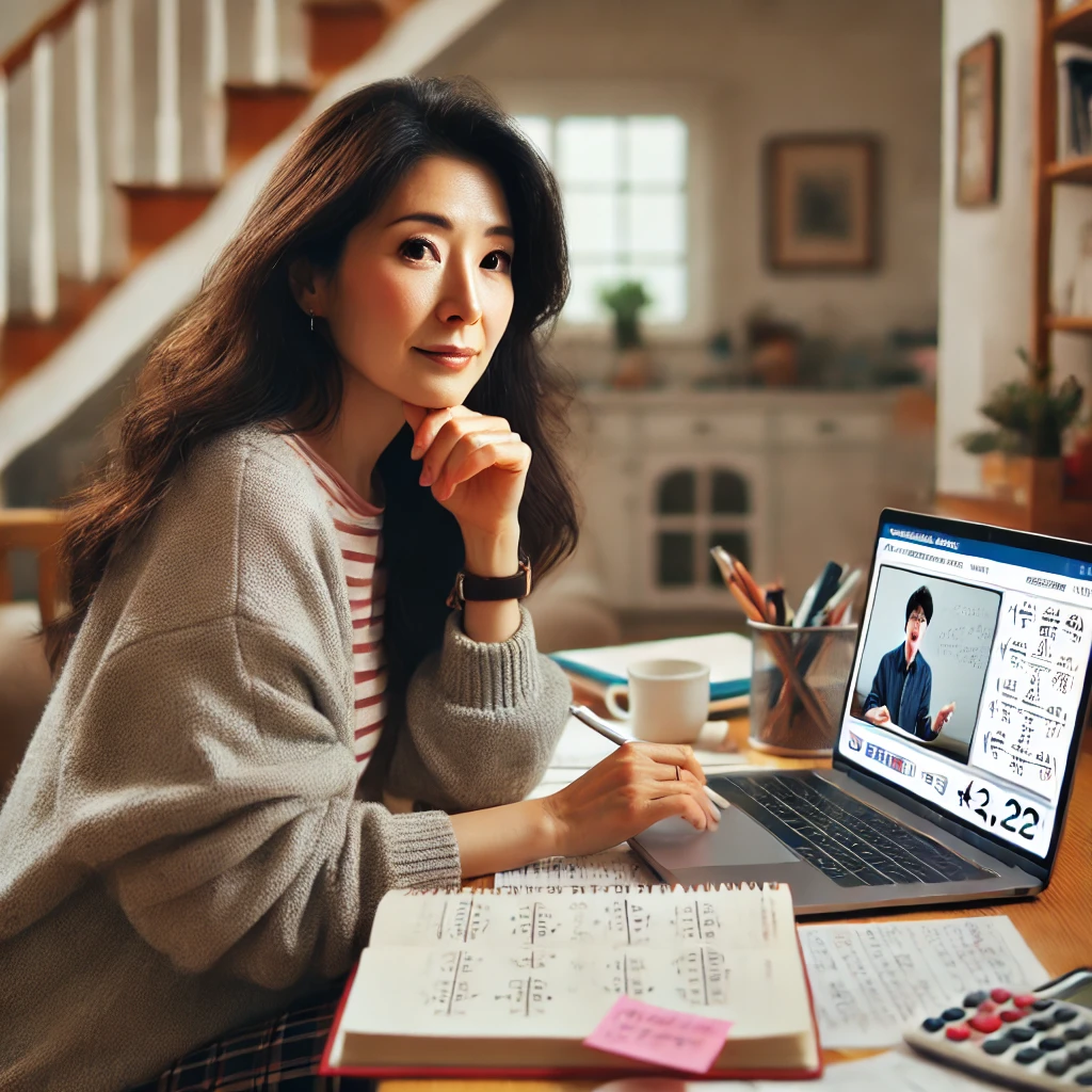 검정고시 수업을 듣는 머리긴 중년여성