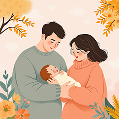 아기와 눈을 맞추며 미소 짓는 부부&amp;#44; 행복한 육아를 나타내는 표현