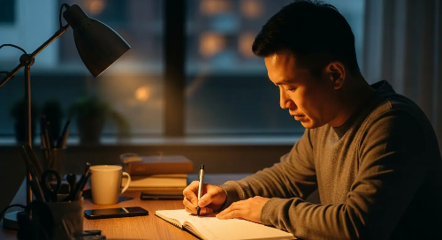 늦은 밤 책상에서 노트에 오늘 있었던 일과와 감정을 기록하고 있는 남성 모습