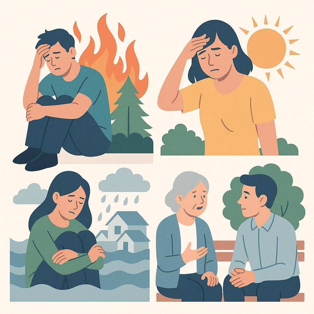 기후 변화와 생물 다양성의 연관성을 상징적으로 표현한 평면 스타일의 일러스트. 기후 변화로 인한 인간이 정신적으로 영향을 받는 것을 표현하였다.
