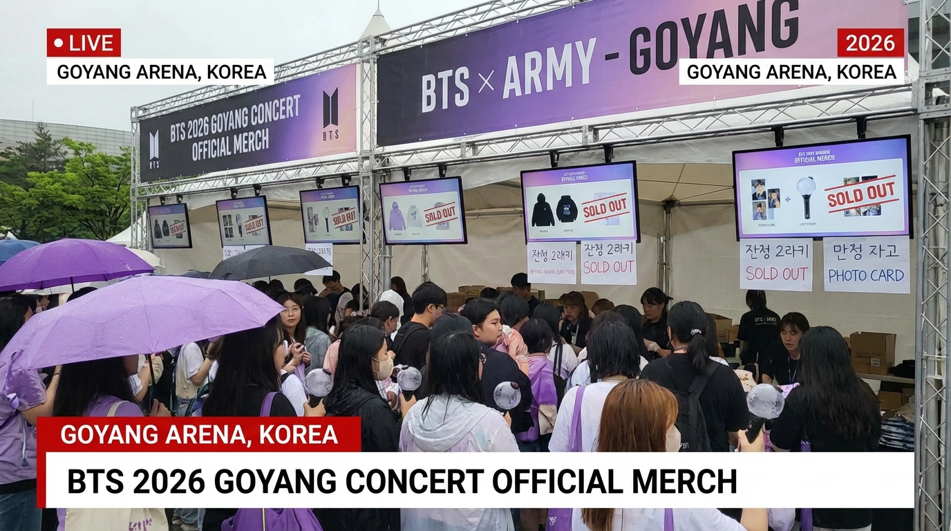 2026년 BTS 고양 아레나 콘서트 현장의 공식 굿즈 판매 부스와 품절 안내 표지판 앞에 모인 아미들의 실시간 모습