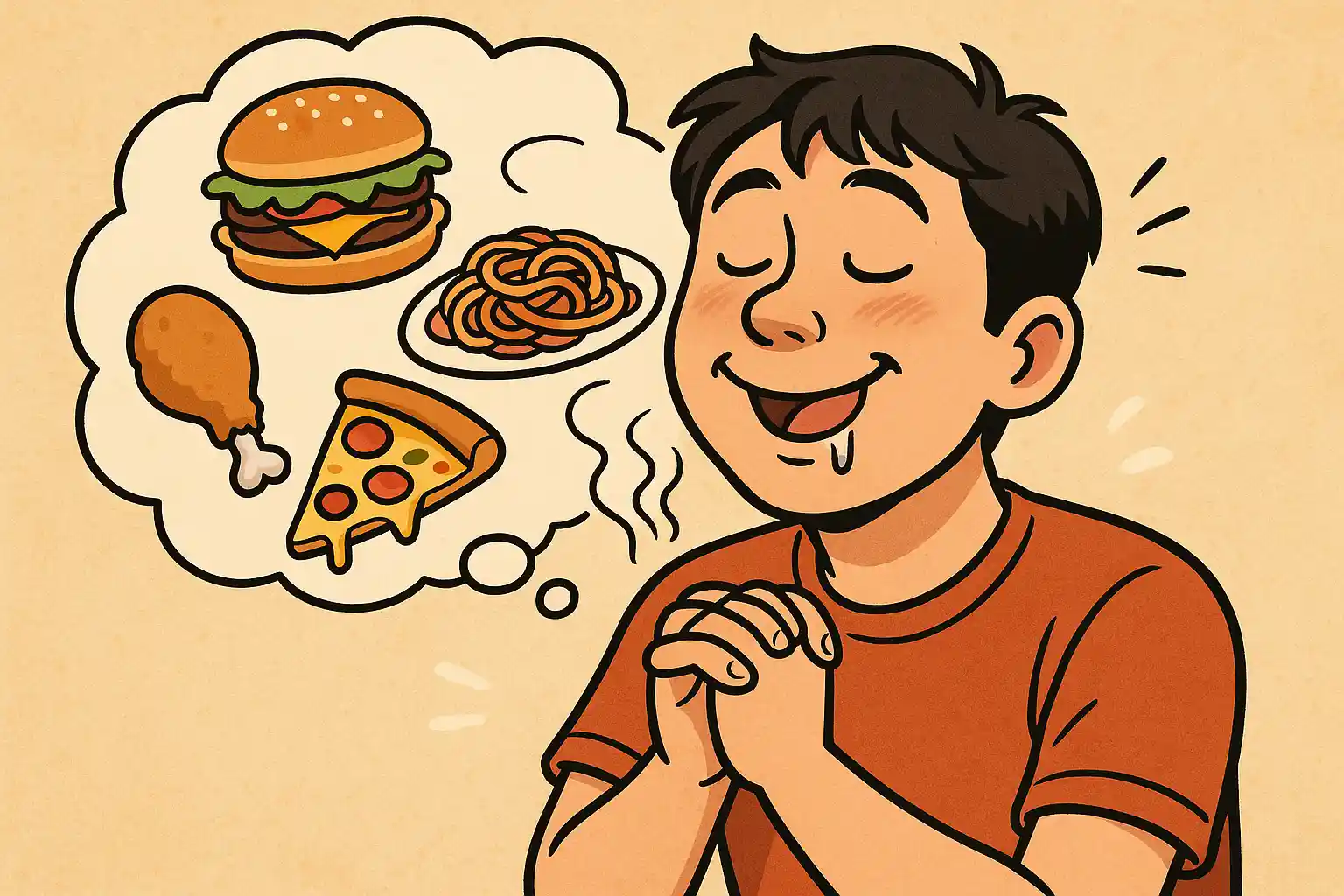 맛있는 음식 냄새를 맡으며 침이 고이는 듯한 표정의 사람