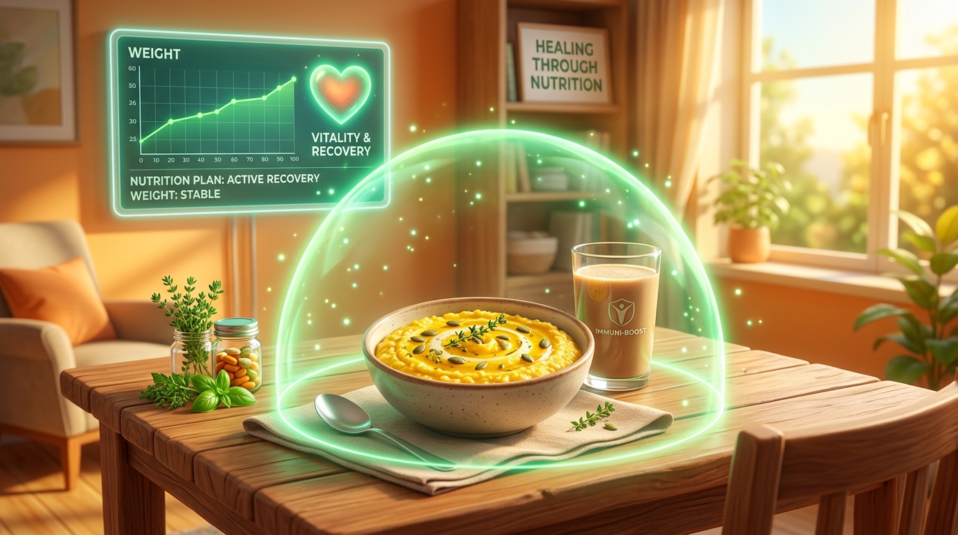 항암 치료 중단 예방을 위한 면양 영양 식단을 표현한 3D 의학 일러스트레이션. 식탁 위에 차려진 따뜻한 단호박죽과 환자용 고단백 영양 음료 주변을 초록색 면역 보호막이 든든하게 감싸고 있는 모습. 배경의 메디컬 모니터에는 체력 관리가 완벽하게 이루어지고 있음을 증명하듯 안정적인 체중 유지 그래프가 시각화되어 있어, 영양 섭취 수칙이 암세포를 이겨내는 강력한 무기임을 보여줌.