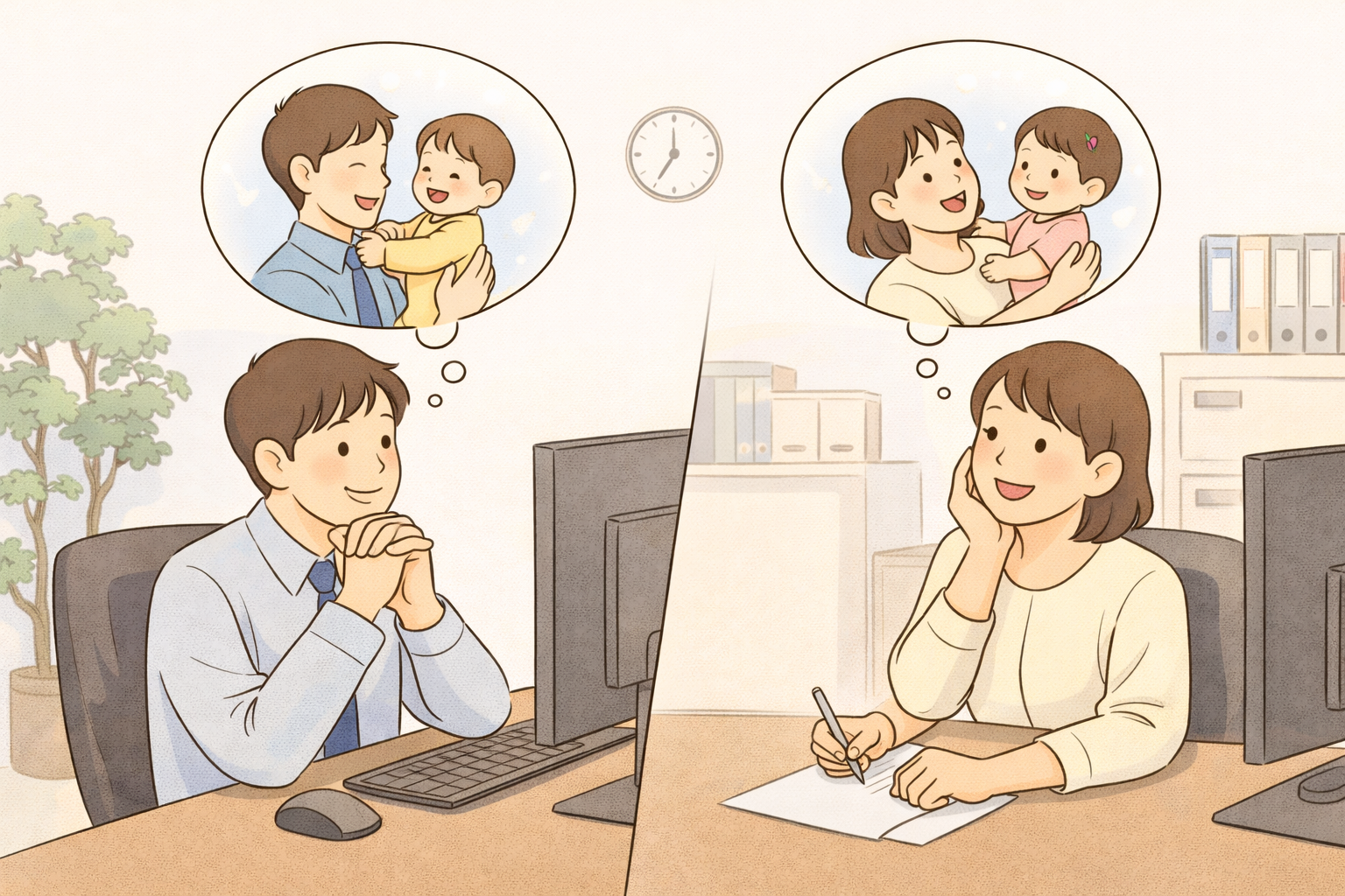 육아 휴직을 기대하는 사람들의 이미지 일러스트