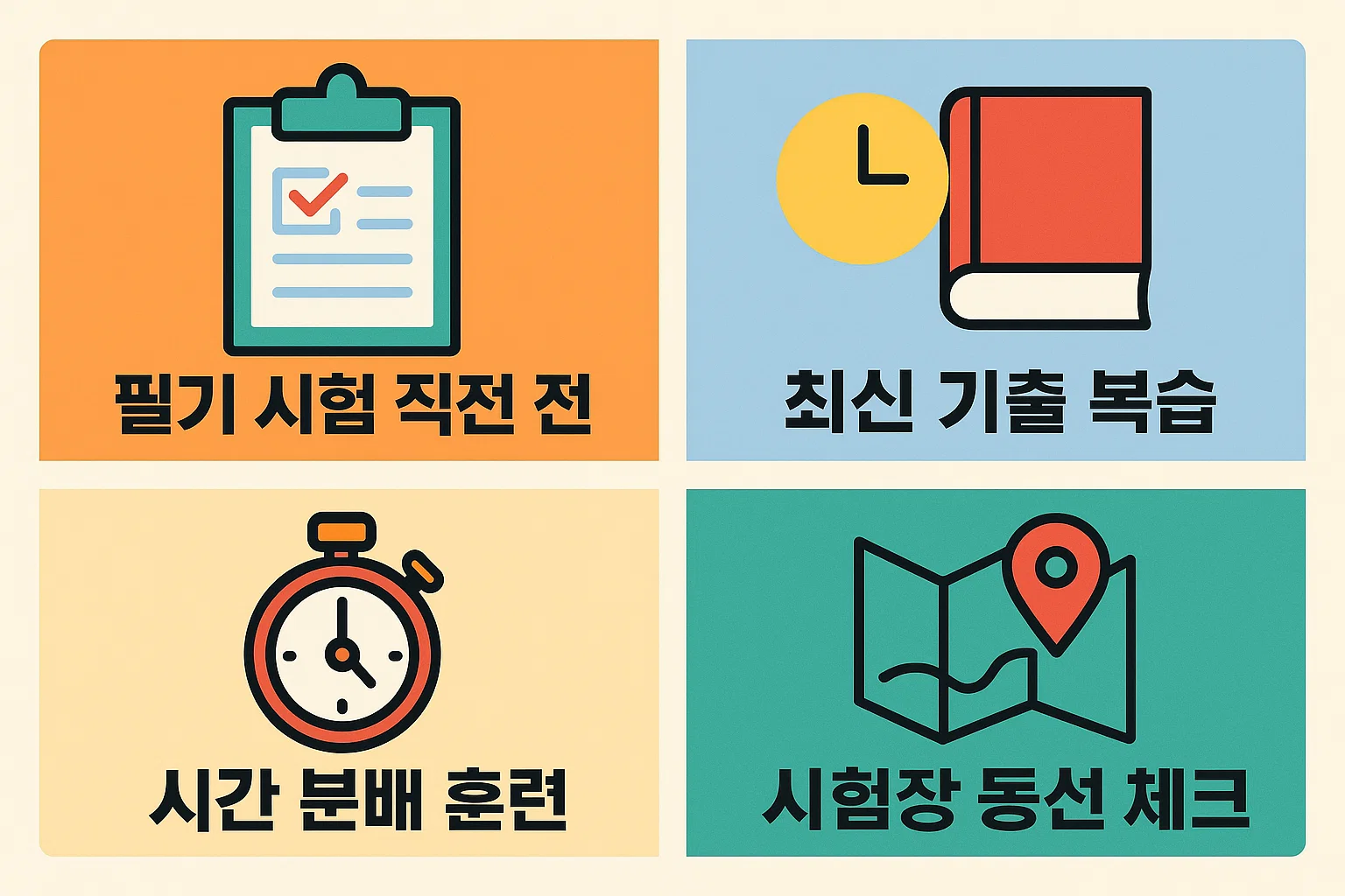 최신 기출 복습, 시간 분배 훈련, 시험장 동선 체크 등 시험 직전 반드시 해야 할 준비 과정을 정리한 인포그래픽.