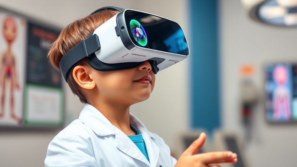 의사를 꿈꾸는 아이가 의사 가운과 vr기기를 착용한 채 수술 시뮬레이션 게임을 하고 있는 사진