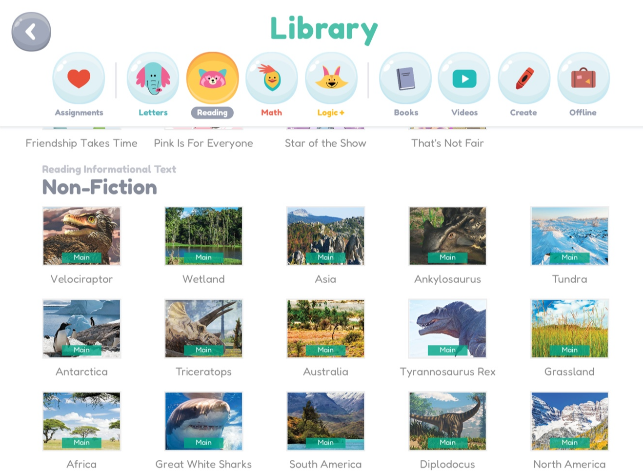 Khan Academy Kids - Informational Text 커리큘럼을 보여주는 사진