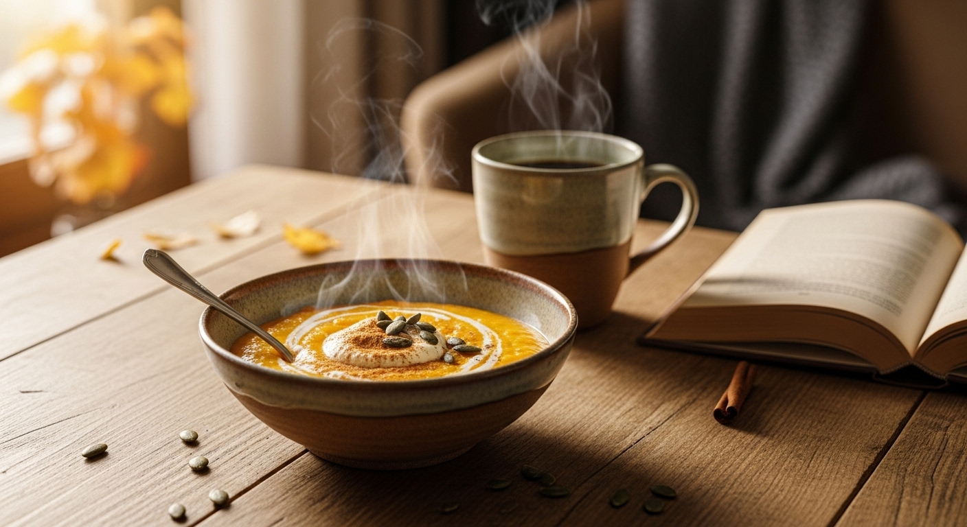 따뜻한 김이 오르는 크림치즈 호박죽과 커피, 그리고 책이 놓인 아늑한 가을 식탁 풍경. 편안한 휴식을 상징합니다.