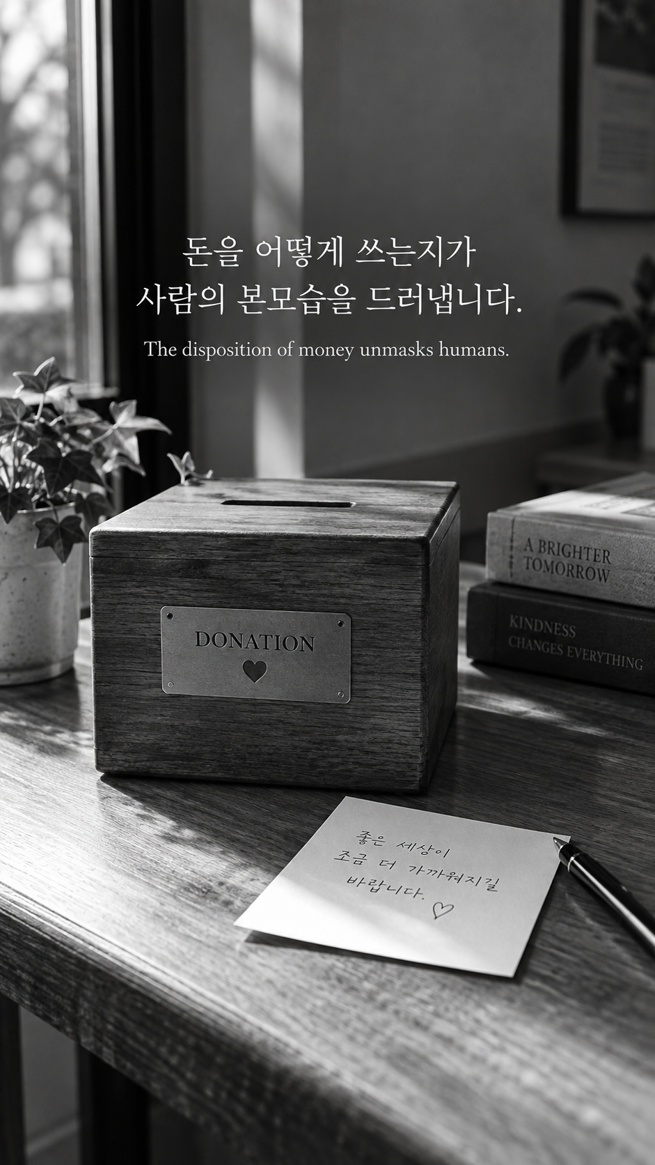기부 상자와 손글씨 메모가 놓인 테이블에 돈을 쓰는 방식에 관한 워렌 버핏 명언이 적힌 이미지