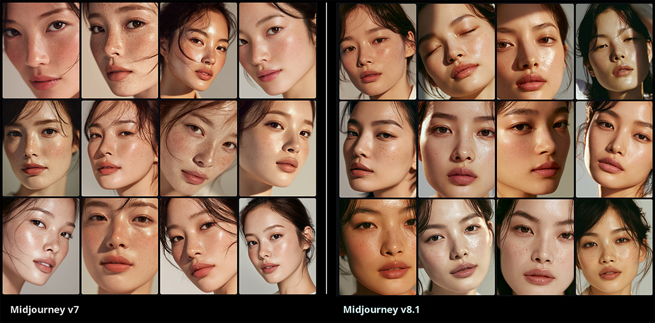 미드저니 V7과 V8.1의 피부 질감과 주근깨 표현 차이 비교 이미지_Midjourney