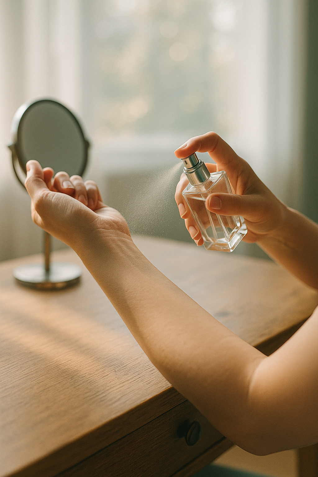나무 화장대 앞 자연광이 비추는 창가에서 손목 주름에 투명 향수를 한 번 분사하는 모습, 둥근 탁상 거울과 포근한 보케가 배경을 이루는 아늑한 아침 사진