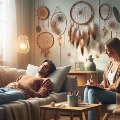 편안한 환경에서 사람들이 명상하고 있으며, 방에는 꿈을 상징하는 소품들이 있습니다.