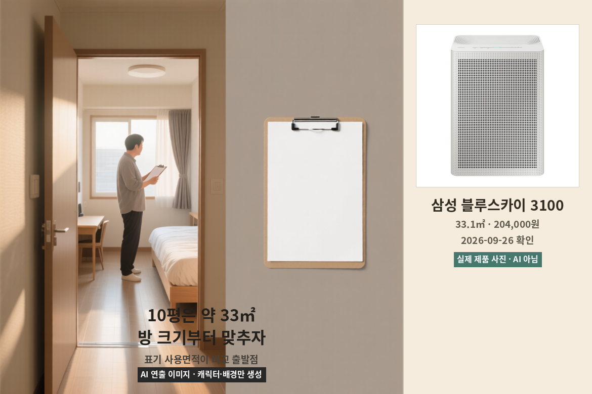 10평 침실 크기를 살펴보는 장면과 삼성 블루스카이 3100 실제 제품 사진