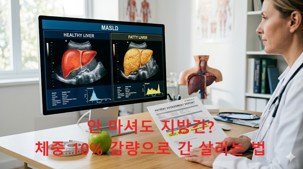 2026 지방간(MASLD) 진단 기준과 GGT 정상범위(남성 71, 여성 42) 안내 이미지