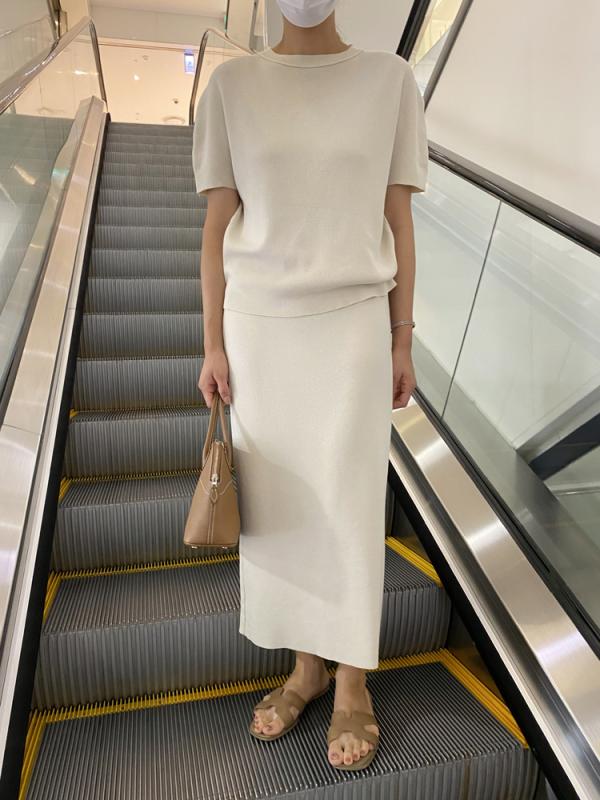 여름 니트 투피스 세트 퍼프 소매 라운드 반팔 밴딩 롱 니트 치마 세트 하객 셋업 5COLOR